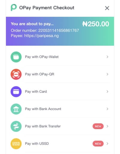 Paripesa Opay payment method