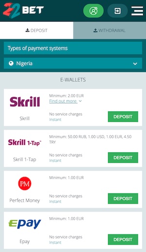 22bet payment methods Nigeria