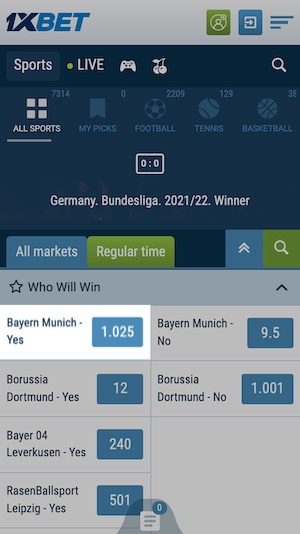 1xbet odds outright winner German Bundesliga