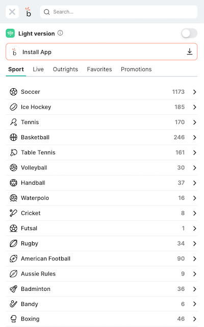 Bambet Sportsbook menu